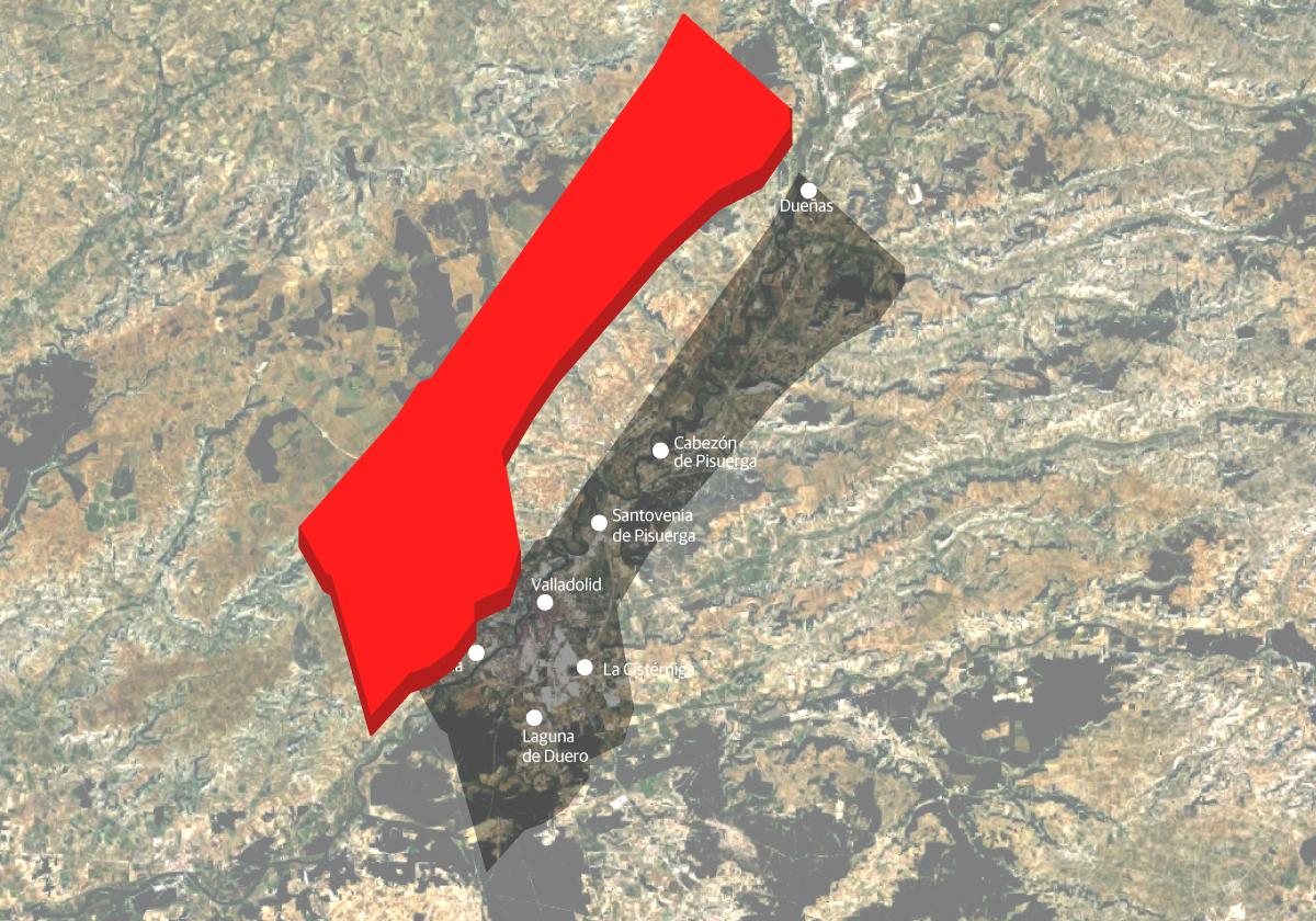 Superposición de la silueta de la franja de Gaza sobre el término municipal de Valladolid.