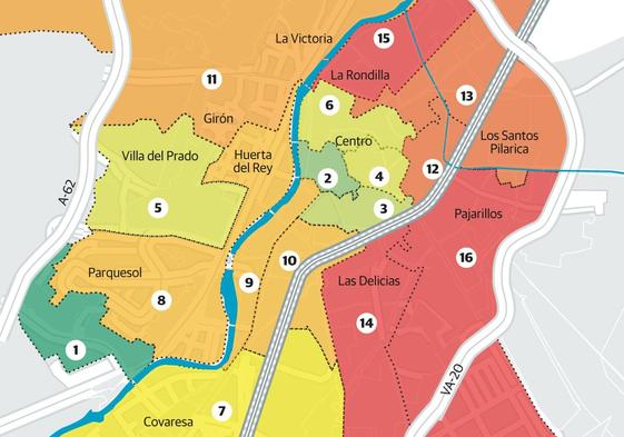 Vista aérea del centro, donde se encuentran las rentas más altas de Valladolid.