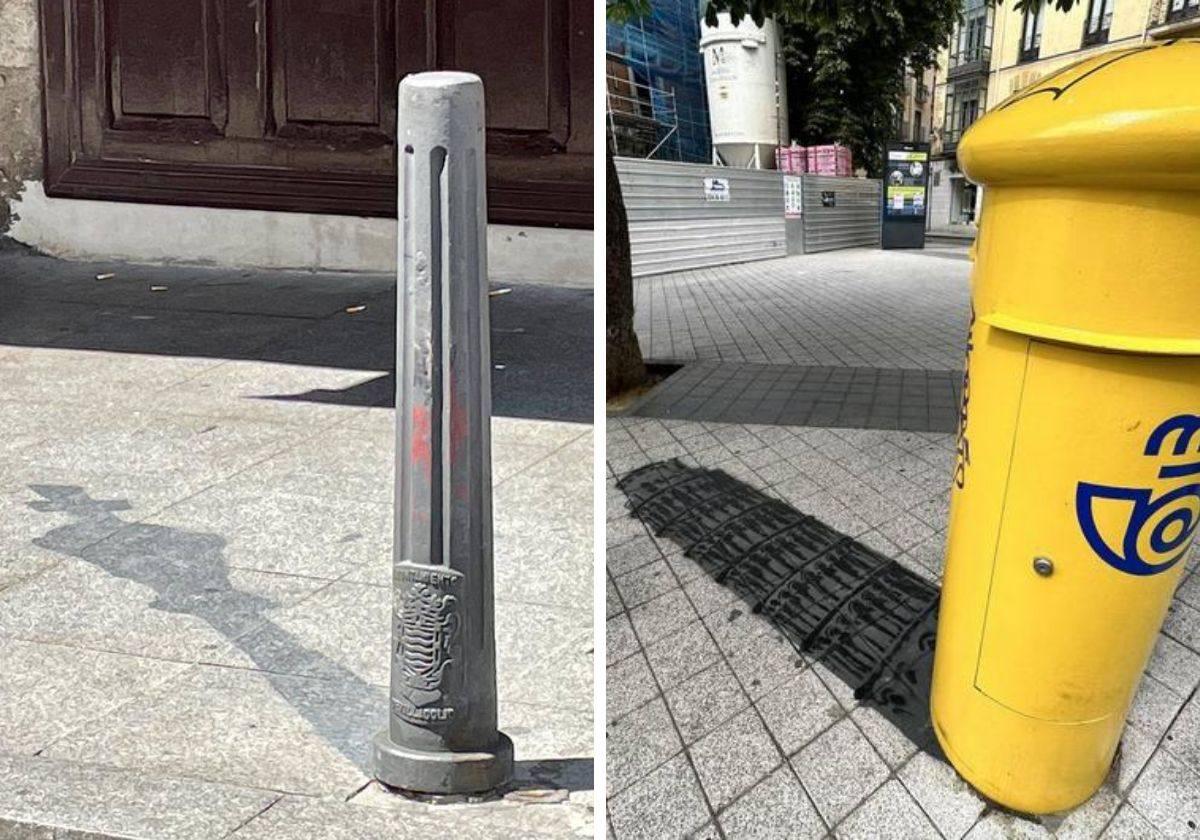 Las sombras artísticas que R. ha dibujado junto a un bolardo y un buzón en Valladolid.