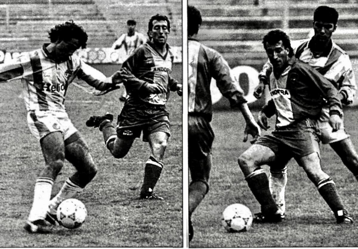 Dos fotografías de la visita del partido disputado por el FC Andorra en el José Zorrilla en octubre de 1992.