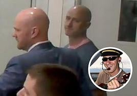 Joseph David Emerson (derecha) durante su comparecencia judicial y detalle de una foto del piloto que se ha hecho viral.