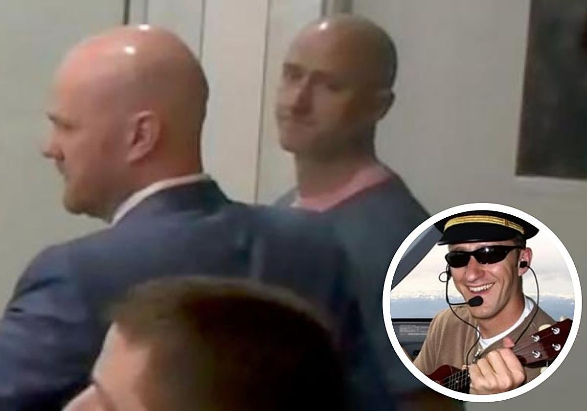 Joseph David Emerson (derecha) durante su comparecencia judicial y detalle de una foto del piloto que se ha hecho viral.