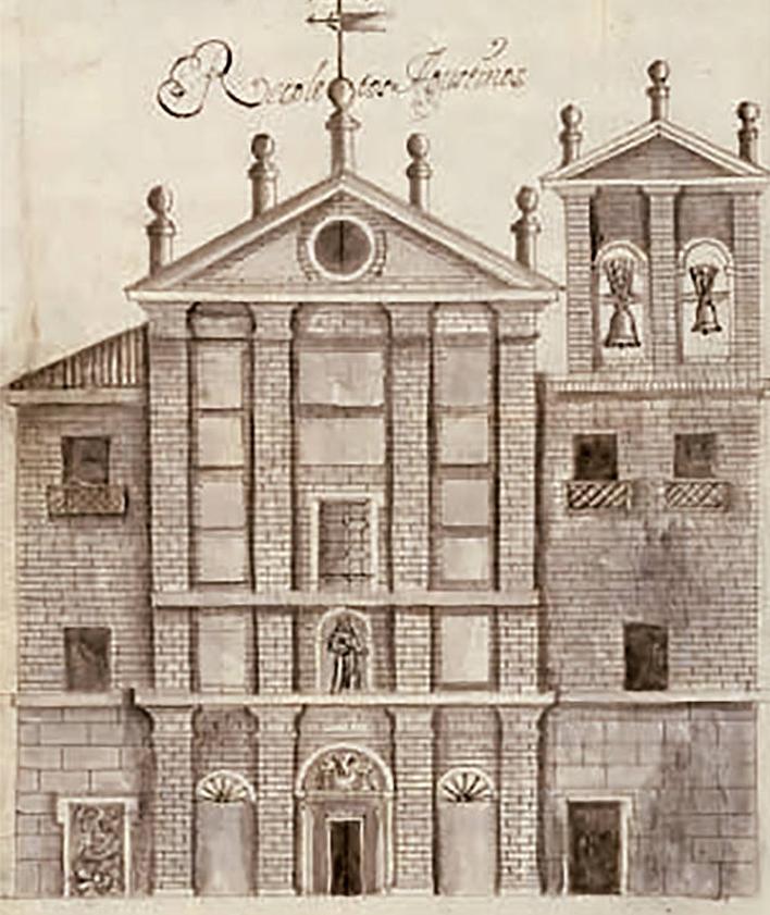 Imagen secundaria 2 - Arriba, el convento de los Capuchinos a mediados del siglo XVIII (Ventura Pérez), Debajo, a la izquierda, la iglesia de San Juan de Letrán en el siglo XIX (Jean Laurent). A la derecha, fachada del convento de los Recoletos Agustinos, hacia 1759 (Ventura Pérez, recogido en una copia de la Historia de Valladolid de Antolínez de Burgos)