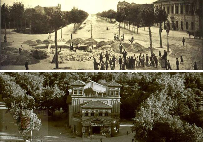 Obras para la instalación de la estatua de Zorrilla en 1900 y el desaparecido Teatro Pradera (debajo).