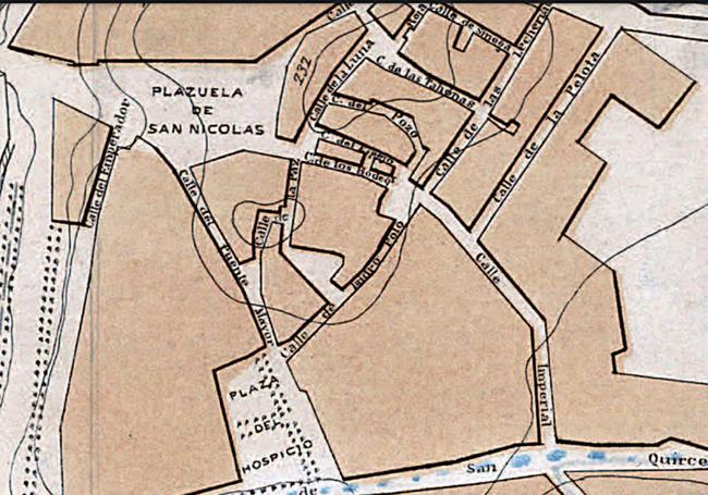 El barrio judío en 1863, según el plano de Joaquín Pérez Rojas.