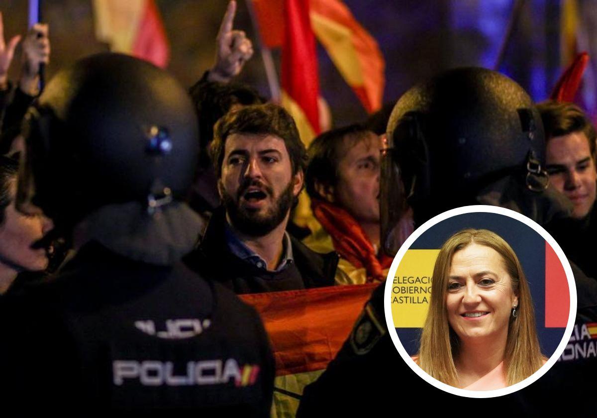 El vicepresidente de la Junta de Castilla y León, en la manifestación en Ferraz. En detalle, Virginia Barcones.