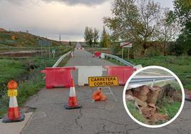 Carretera de acceso a Urones cortada y detalle del desprendimiento en el puente sobre el arroyo del Villarico.