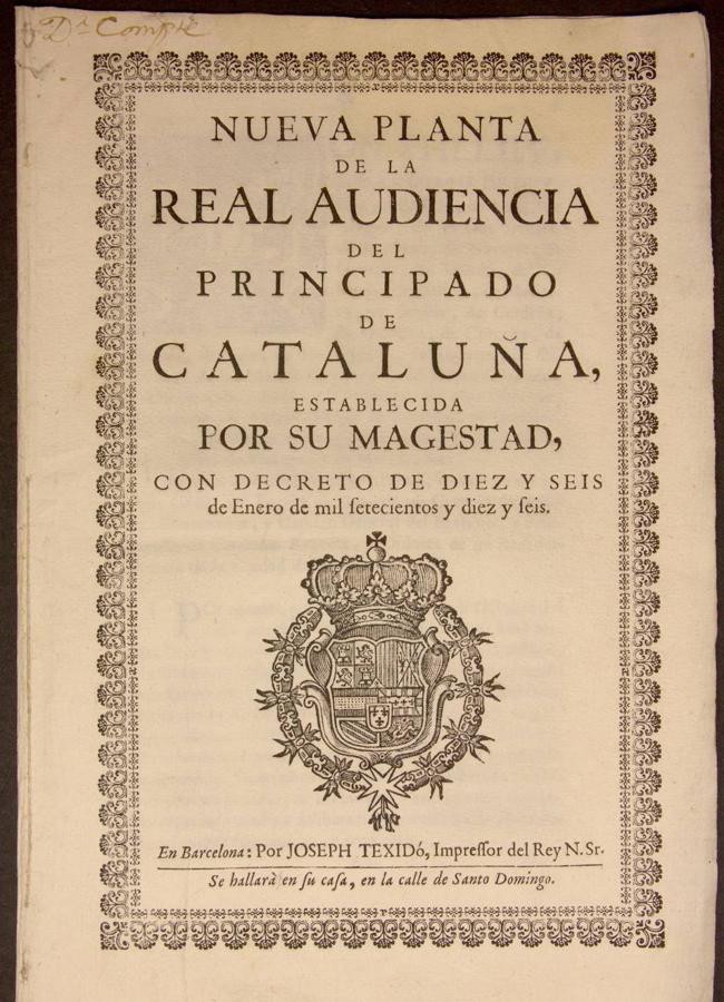 Portada del Decreto de Nueva Planta de Cataluña.