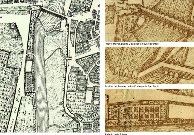 Plano de Bentura Seco, de 1738 (original y copia redibujada por Juan Agapito y Revilla en 1900), con la representación del puente, las aceñas y el palacio de la Ribera.