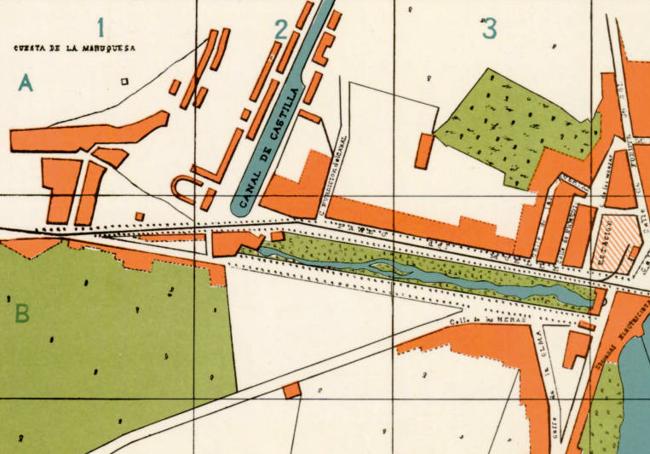 Plano de 1890, cuando la Cuesta de la Maruquesa comienza de dibujarse en los callejeros de Valladolid.