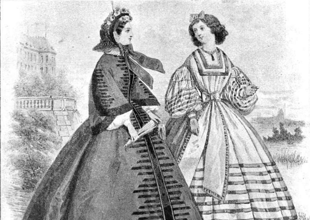 Imagen secundaria 1 - Diferentes imágenes de mujeres con miriñaques en el siglo XIX.