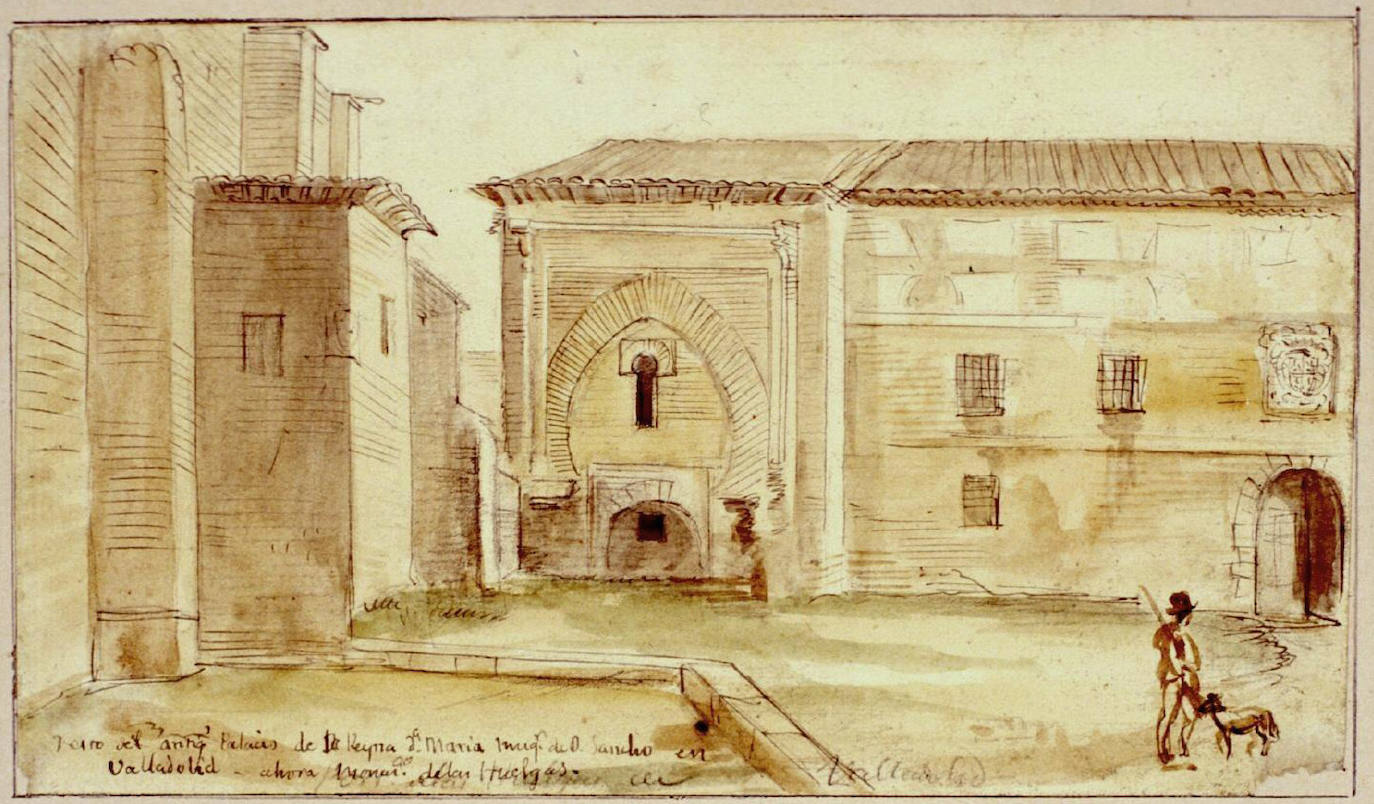 Arco del antiguo palacio, con construcciones adosadas. Litografía de Valentín Carderera, fechada hacia 1836.