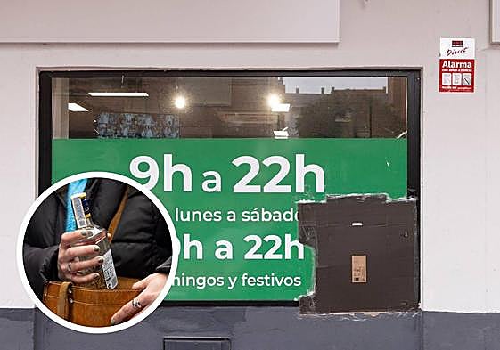 Cristalera rota de un supermercado de La Rondilla tras entrar a robar en noviembre de este año. En el círculo una persona introduce una botella de alcohol en su bolso.