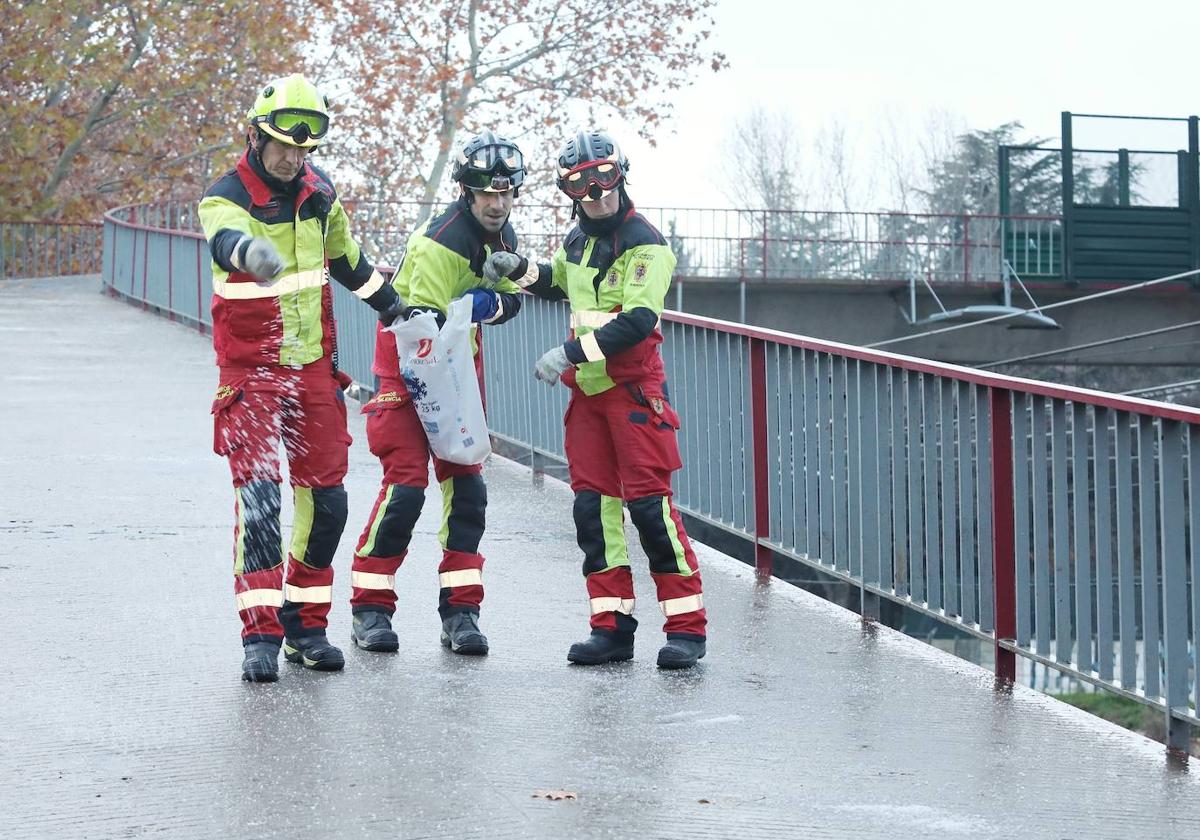 Los bomberos arrojan fundentes en la pasarela peatonal de la Huerta de Guadián.