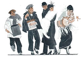 Dibujo de varios tipos sociales celebrando la Nochevieja de 1915.
