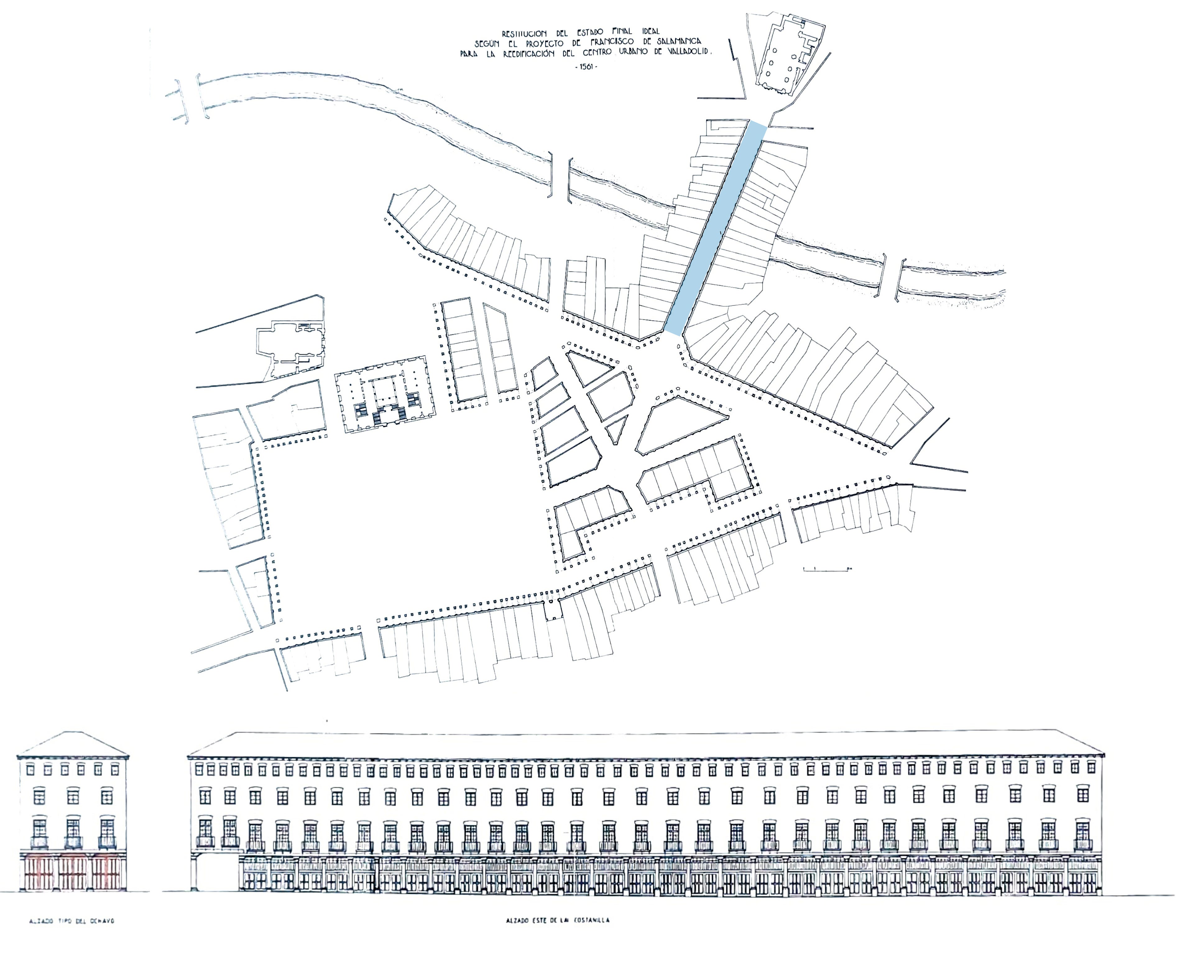 Restitución del estado final ideal según el proyecto de Francisco de Salamanca, tras la reedificación del centro de la ciudad tras el incendio de 1561. Se marca el trazado de la calle de la Platería.