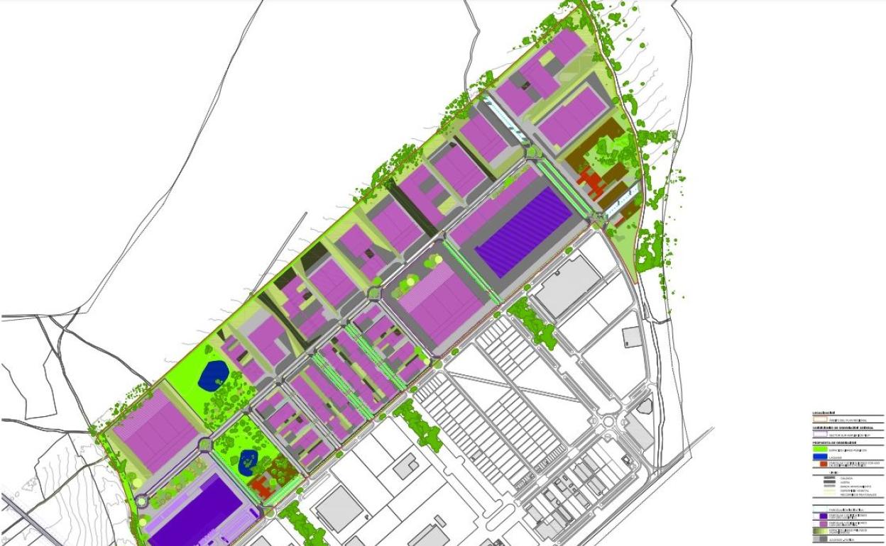 En color, el plano de la ampliación del polígono. En morado se puede ver dónde se instalarán los centros logísticos de Dia y Lidl. 