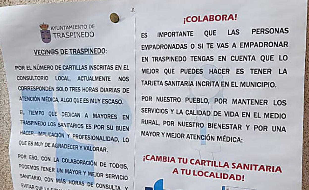 Cartel colgado en el Ayuntamiento de Traspinedo. 