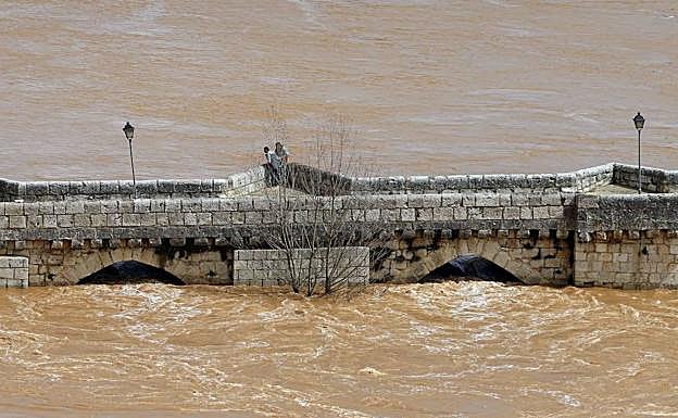 El Pisuerga casi llega al pretil del puente de Simancas durante una riada.
