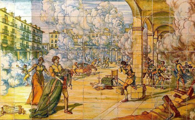 Azulejos que muestran el incendio de 1561 en la Plaza Mayor de Valladolid