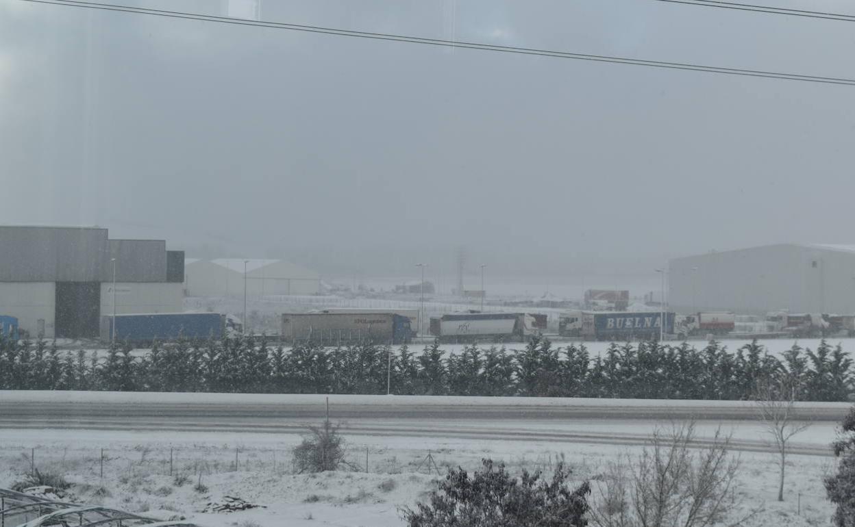Camiones parados en el polígono de Aguilar de Campoo, esta mañana.