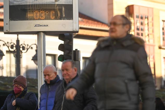 Viandantes fuertemente abrigados caminan en Plaza España mientras el termómetro marca tres grados bajo cero.