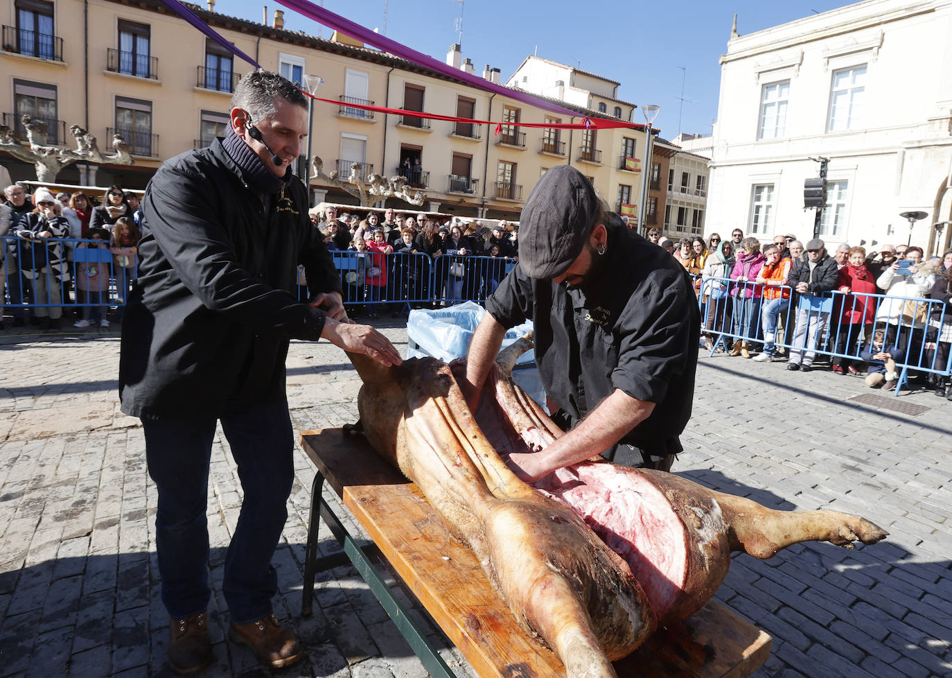 El quemado y despiece del cerdo, la degustación de chichurro y el concurso de cocina en directo de Platos del Cerdo colman de actividades la Plaza Mayor