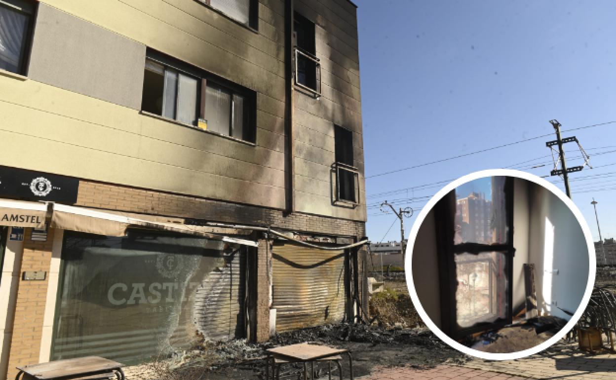 Estado en el que ha quedado la Taberna Castiza y las viviendas superiores del bloque. En detalle, el interior de una de las casas afectadas. 