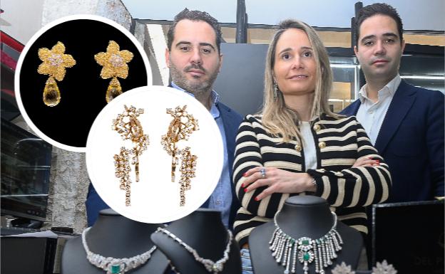 Imagen principal - Los hermanos Guerrero del Páramo, Sheila, David y Rafa, propietarios de la firma vallisoletana de joyería Del Páramo Vintage. A la izquierda, detalle de los pendientes de lucieron en los Goya las actrices Candela Serrat y Carmen Maura. Abajo, Carmen Machi y Candela Serrat con los pendientes en la alfombra de los Goya 2023.