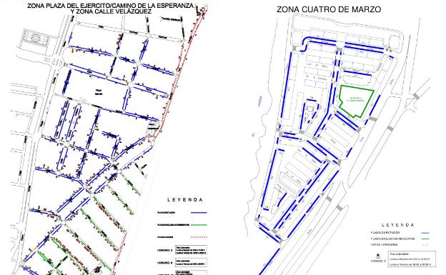 Distribución de las zonas reguladas de la ORA en La Farola y el Cuatro de Marzo. 