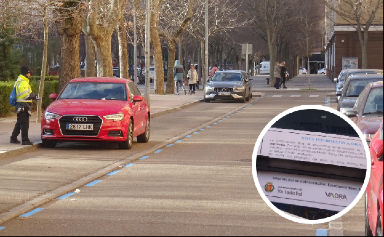 Una controladora inspecciona los coches en la plaza del Ejército y detalle de la nota informativa. 