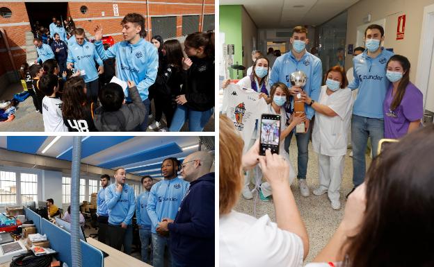 La plantilla del Zunder Palencia en su visita al colegio Maristas, al patrocinador y a la planta de Pediatría del Río Carrión. 