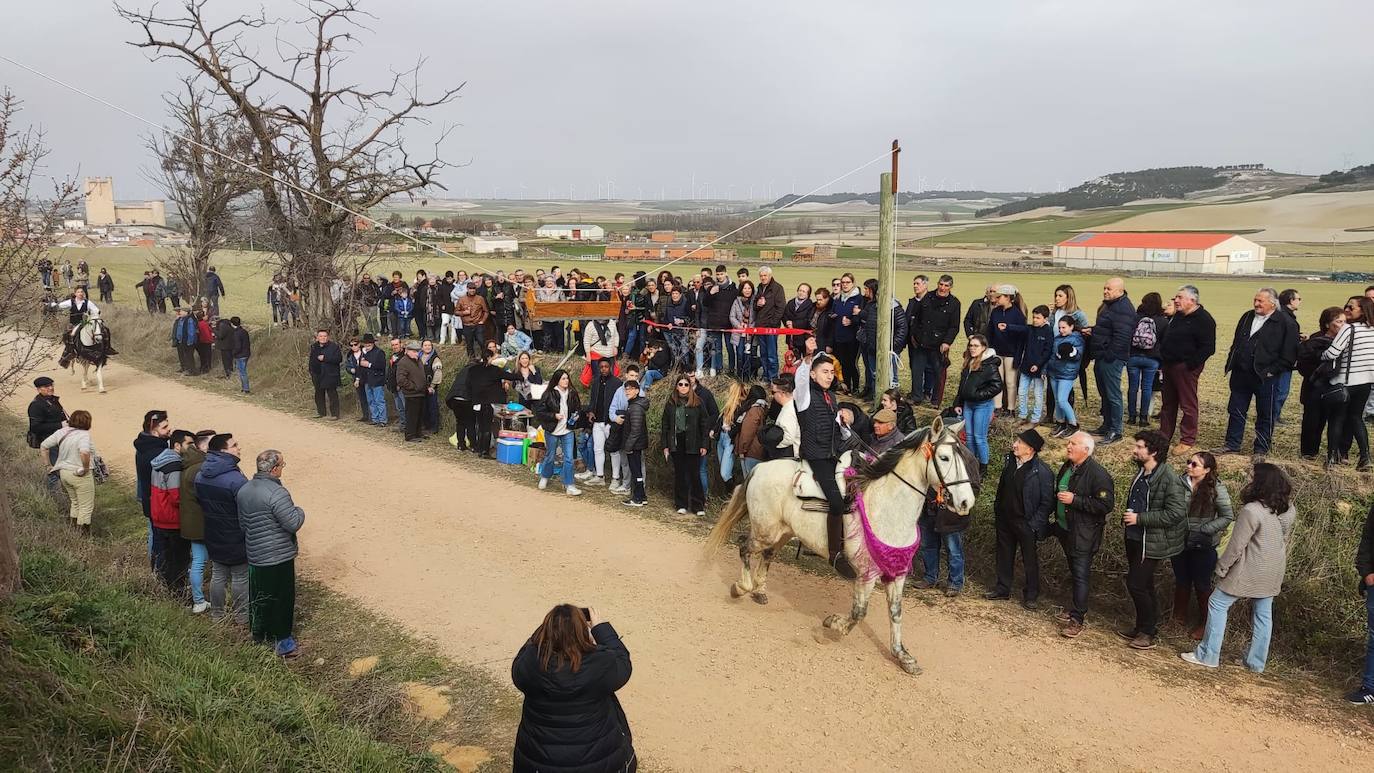 Uno de los quintos de Torrelobatón engancha una cinta con el punzón 