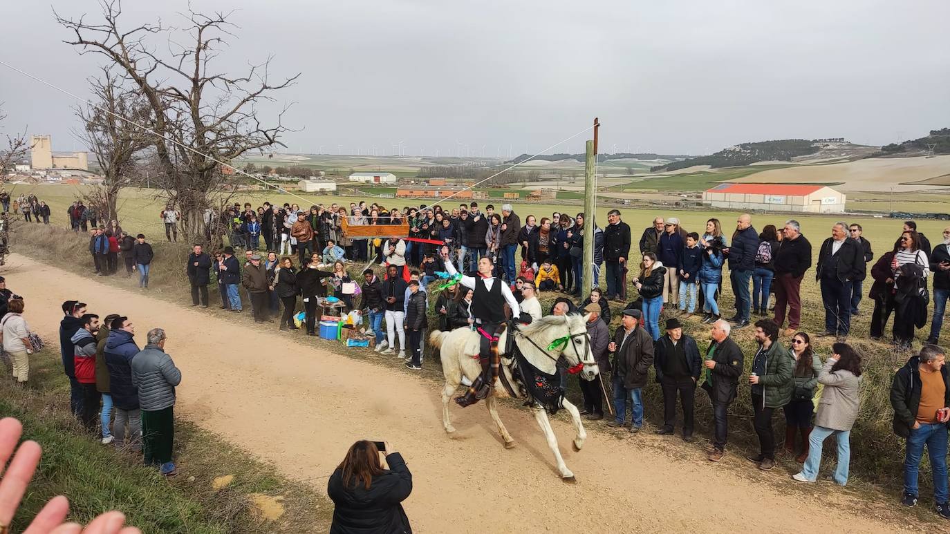 Uno de los quintos de Torrelobatón engancha una cinta con el punzón 