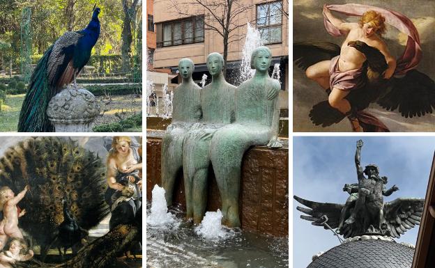 Un pavo real en Valladolid, el mismo animal en el cuadro 'Juno y Argos', de Rubens; la estatua de las Sirenas, en Valladolid; el rapto de Ganimedes, de Eustache Le Sueur y la estatua de la Unión y el Fénix. 