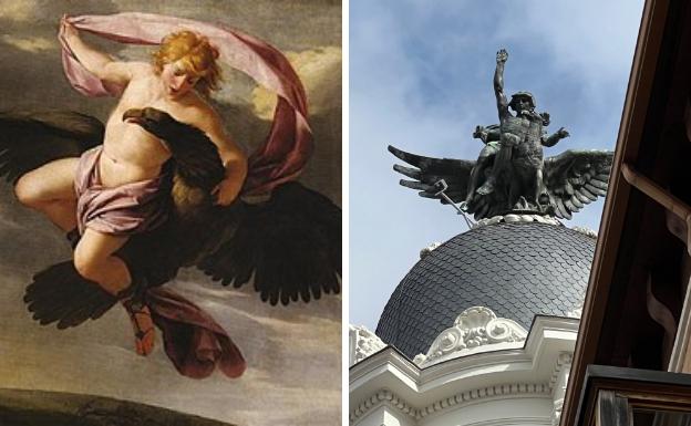 El rapto de Ganimedes de Eustache Le Sueur y la estatua de la Unión y el Fénix 