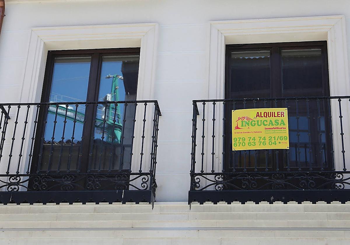 Cartel anunciador del alquiler de una vivienda en Palencia.