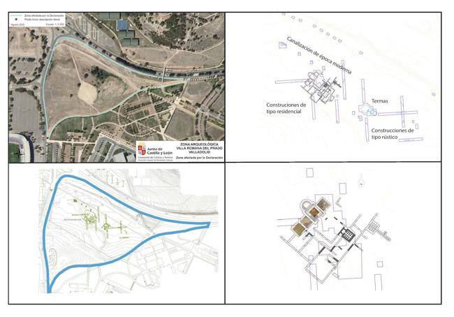 Delimitación de la zona de protección del BIC de la villa romana de Prado y montaje con las excavaciones realizadas en el yacimiento. Realizado a partir de informaciones de M. Sánchez Simón y J. Quintana.