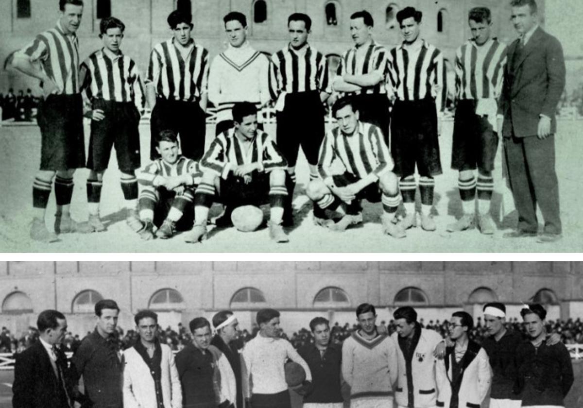 Los dos equipos antes de fusionarse. Arriba, el de la UD Luises con su uniforme blanquiazul; abajo, el del CD Español en el campo de la Sociedad Taurina.