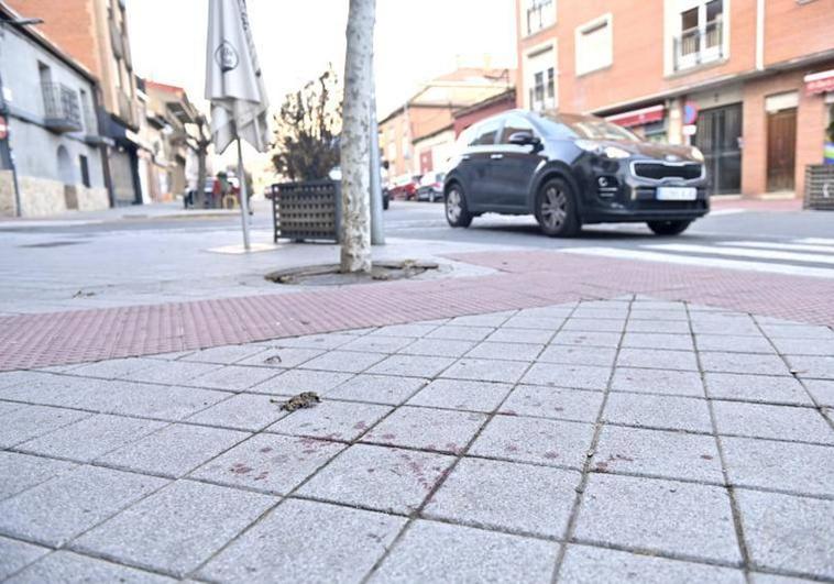 Restos de sangre tras la pelea en las inmediaciones de la Plaza Mayor de La Cistérniga.