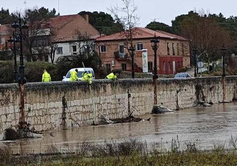 Los operarios intentan despejar los ojos del puente del Cega en Mojados.