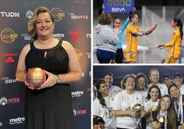 Mila Martínez posa con el balón de oro a mejor entrenadora de la Liga MX, atiende en la banda al cambio de Jennifer Hermoso y celebra el campeonato de Tigres, su equipo.