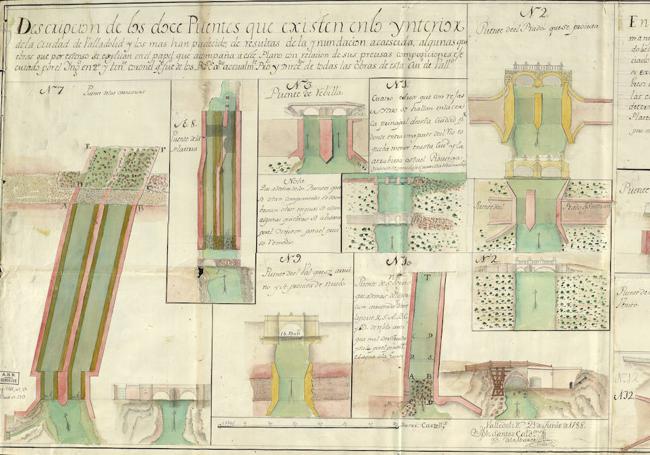 Plano con la descripción de los puentes que existían en el interior de la ciudad. Fechado el 21 de junio de 1788 y firmado por Joseph Santos Calderón