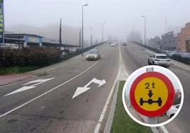 Viaducto de Daniel del Olmo, esta mañana, con los cuatro carriles abiertos. En detalle, la señal que prohíbe el paso a vehículos pesados.