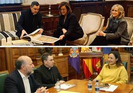 El nuevo obispo de Palencia, Mikel Garciandía, visitó este miércoles la Diputación (arriba) y el Ayuntamiento de Palencia.