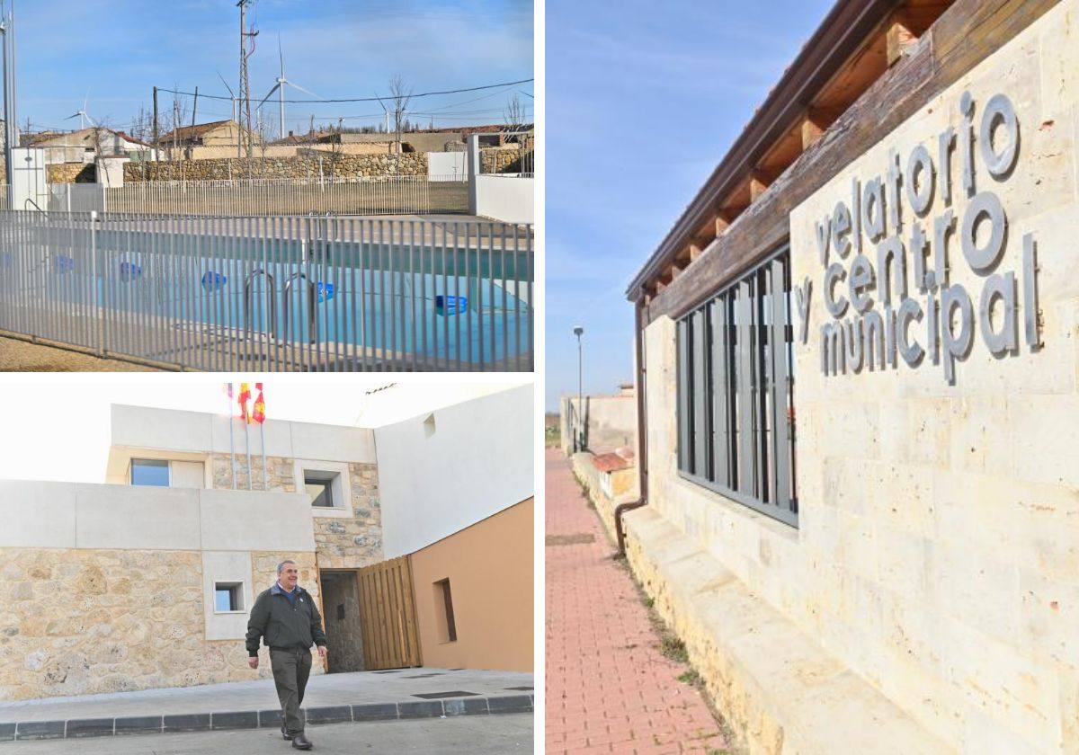 A la izquierda, piscinas de Castromonte y el alcalde de Valverde frente al nuevo ayuntamiento. A la derecha, el velatorio y centro municipal de La Mudarra.