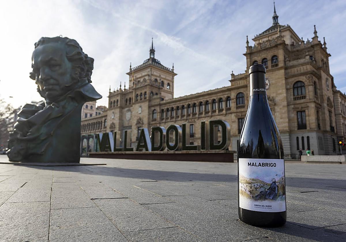 Una botella de Malabrigo, de Cepa 21, junto a una reproducción de los Goya ante la Academia de Caballería de Valladolid.