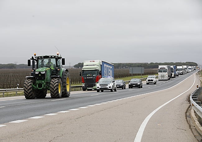 Larga fila de circulación, a la altura de Quintanilla de Onésimo, provocada por la tractorada que ha salido de Peñafiel en dirección a Valladolid.