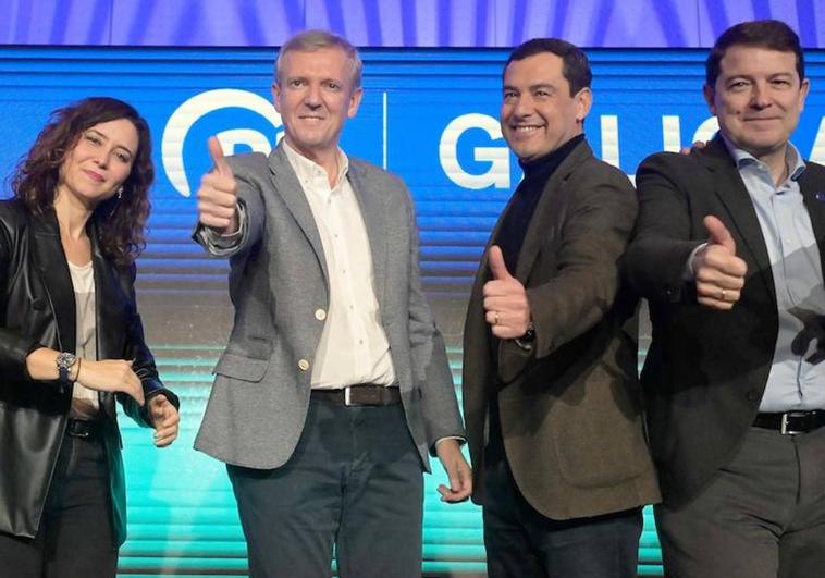 Ayuso, Rueda, Moreno y Mañueco, en un acto de apoyo al candidato del PP a la Presidencia de la Xunta de Galicia.