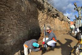 Trabajos de conservación a los pies de la muralla de Carrión.